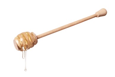 Photo of Natural honey dripping from dipper on white background