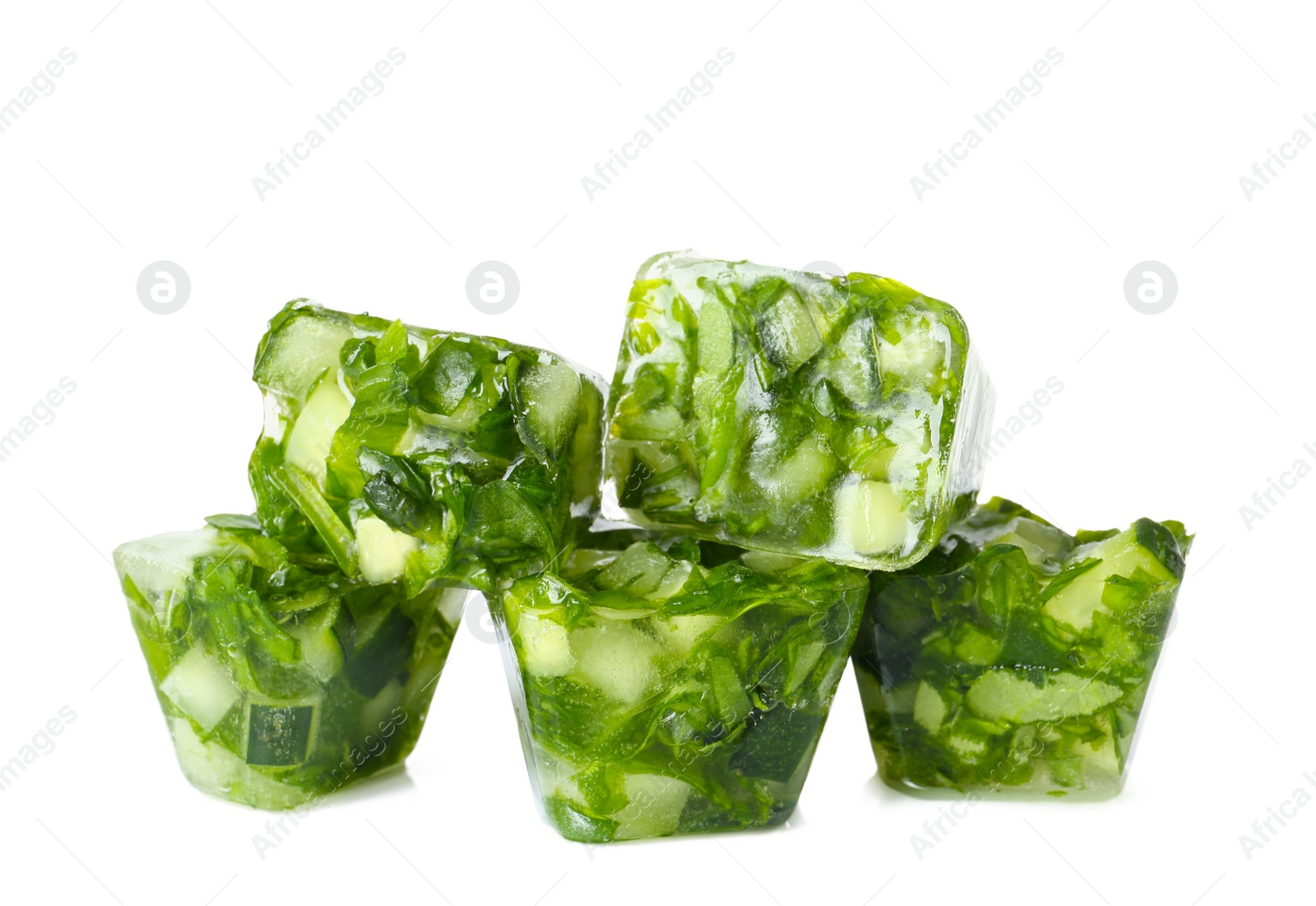 Photo of Ice cubes with cucumber slices and herbs on white background