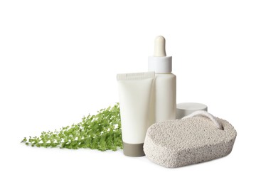 Pumice stone, cosmetic products and green leaf on white background