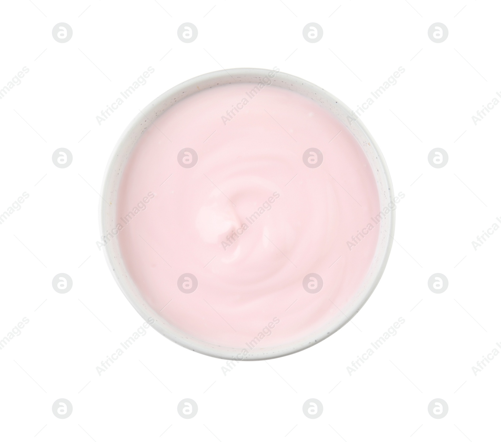 Photo of Bowl with creamy yogurt on white background, top view