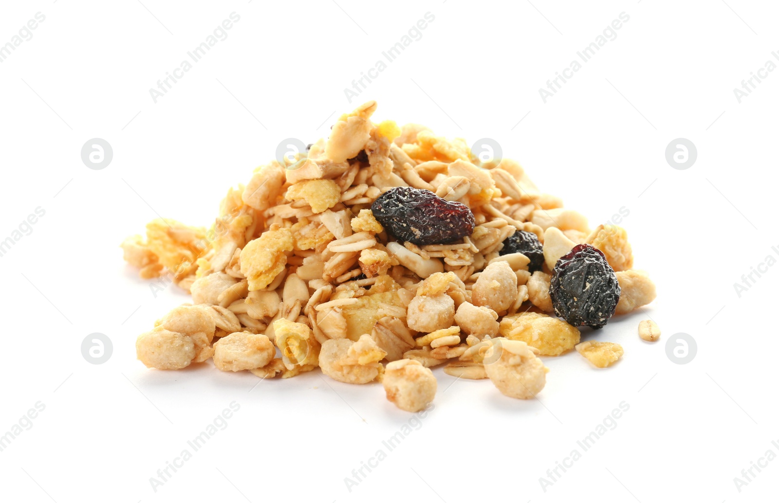 Photo of Muesli with raisins on white background. Healthy grains and cereals