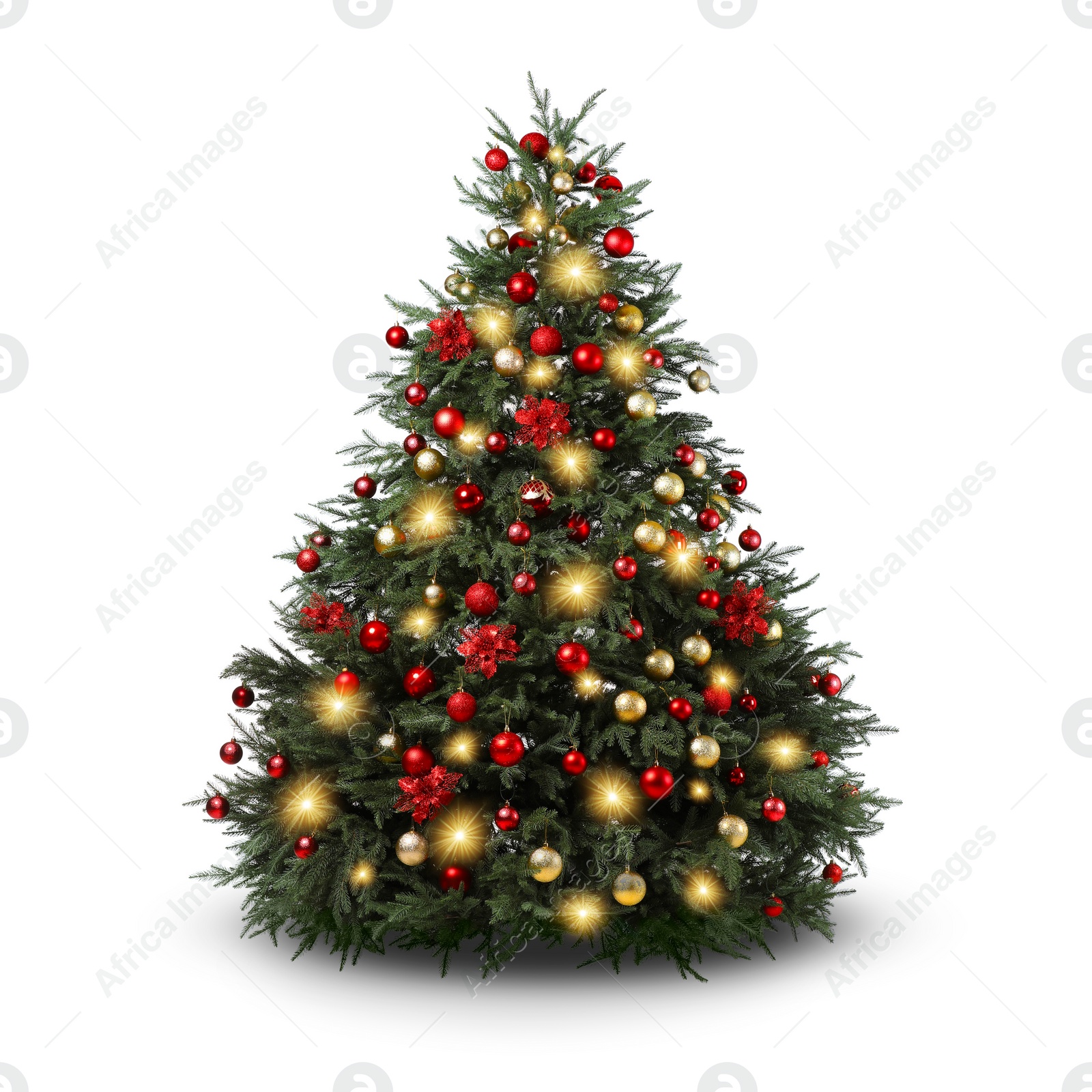 Image of Christmas tree decorated with ornaments and festive lights isolated on white