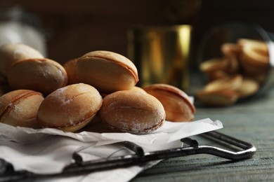 Freshly baked homemade walnut shaped cookies, closeup