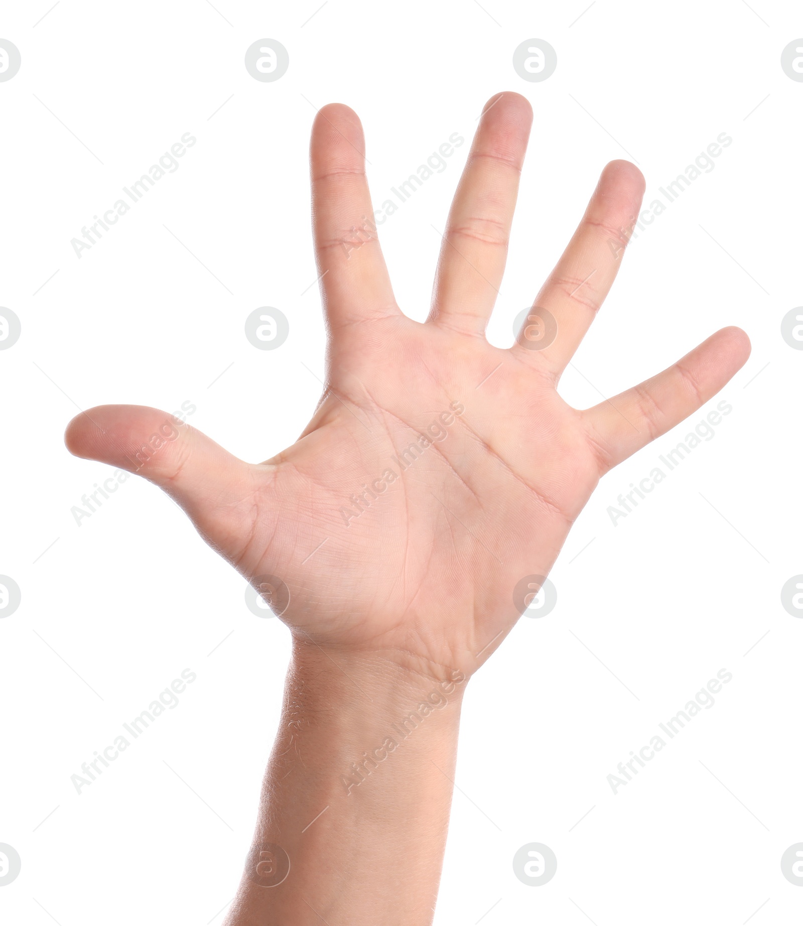 Photo of Man showing hand on white background, closeup