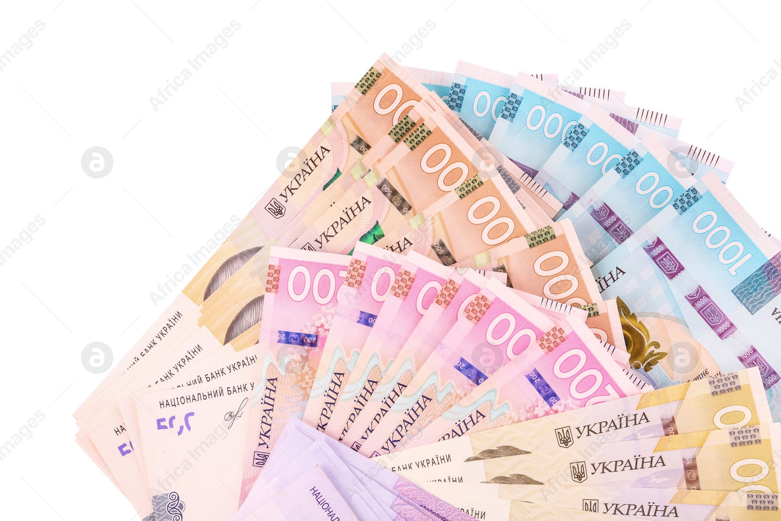 Photo of Ukrainian money on white background, top view