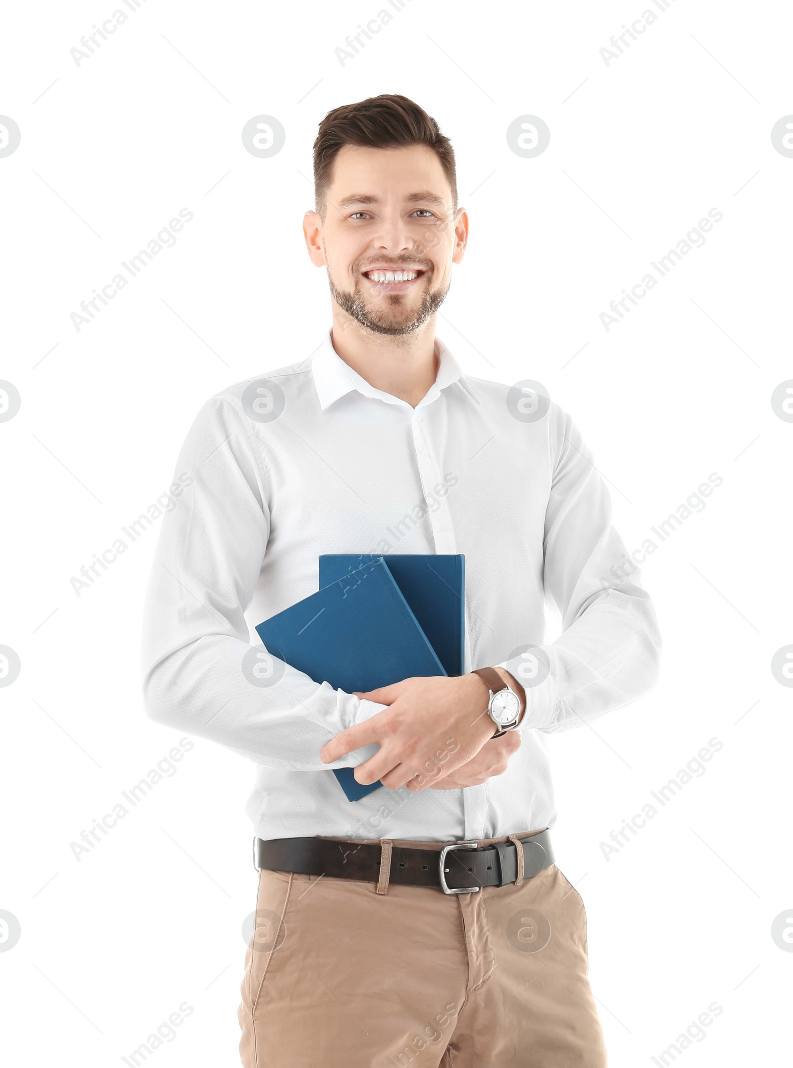 Photo of Male teacher with books on white background