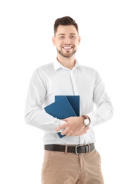 Male teacher with books on white background