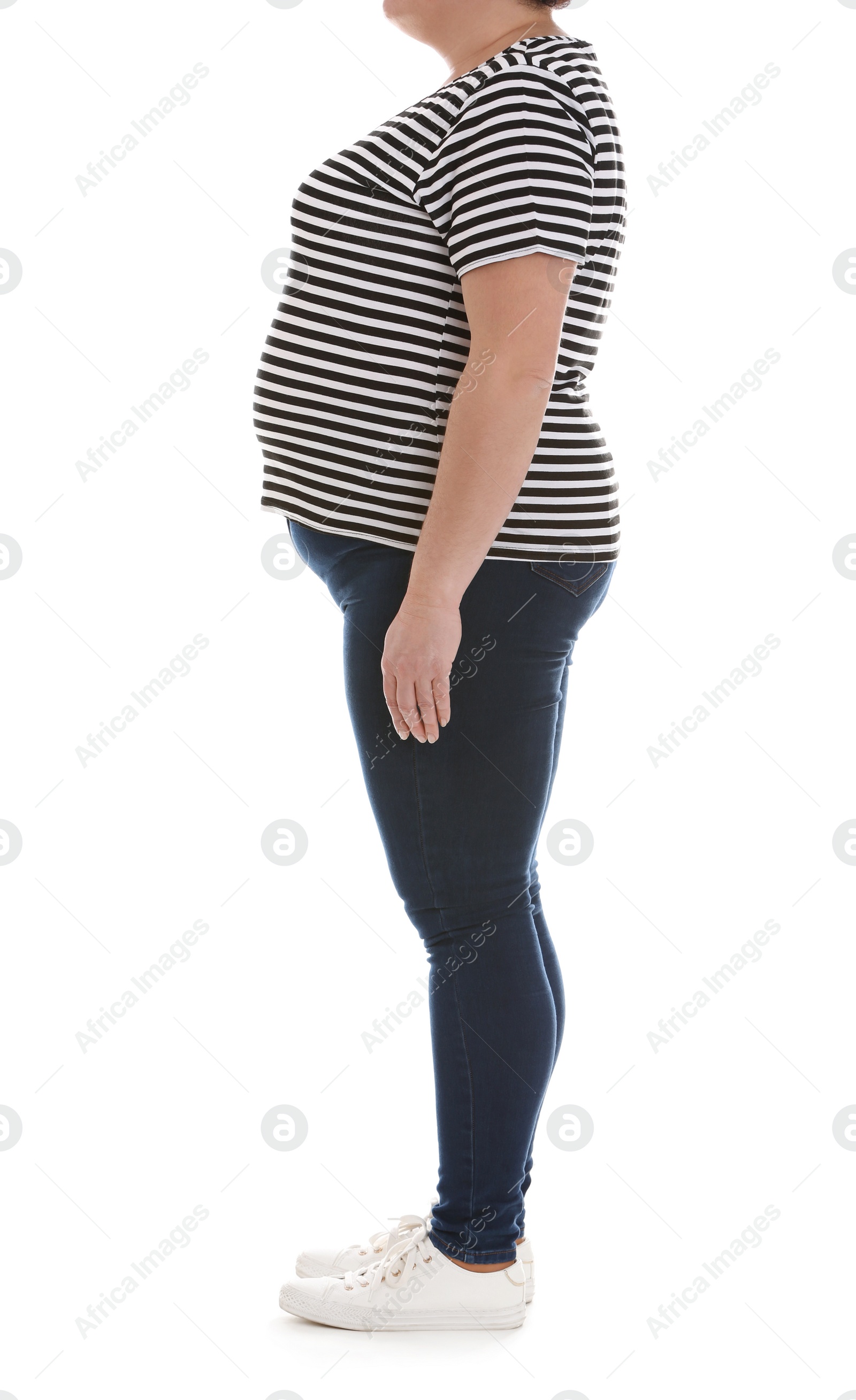 Photo of Overweight woman on white background, closeup. Weight loss