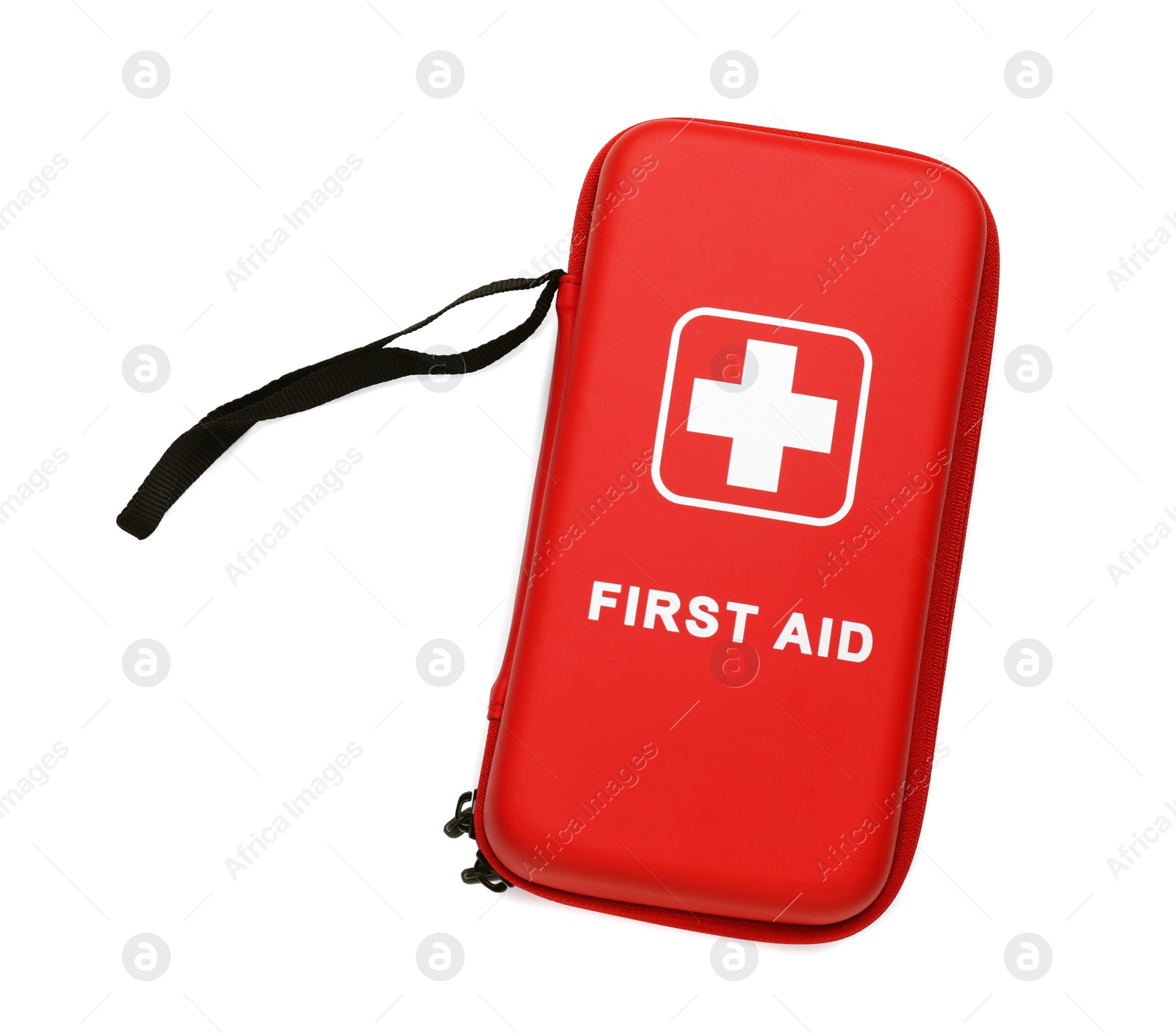 Photo of Red first aid kit isolated on white, top view