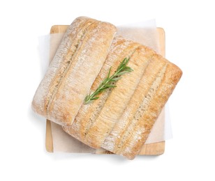 Photo of Crispy ciabattas with rosemary isolated on white, top view. Fresh bread