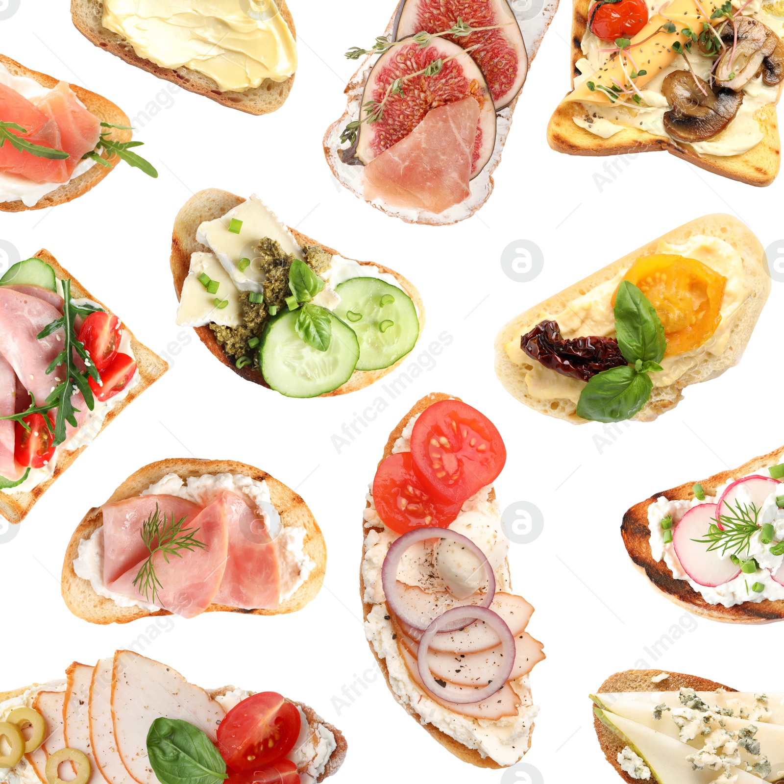 Image of Set of delicious toasted bread with different toppings on white background, top view