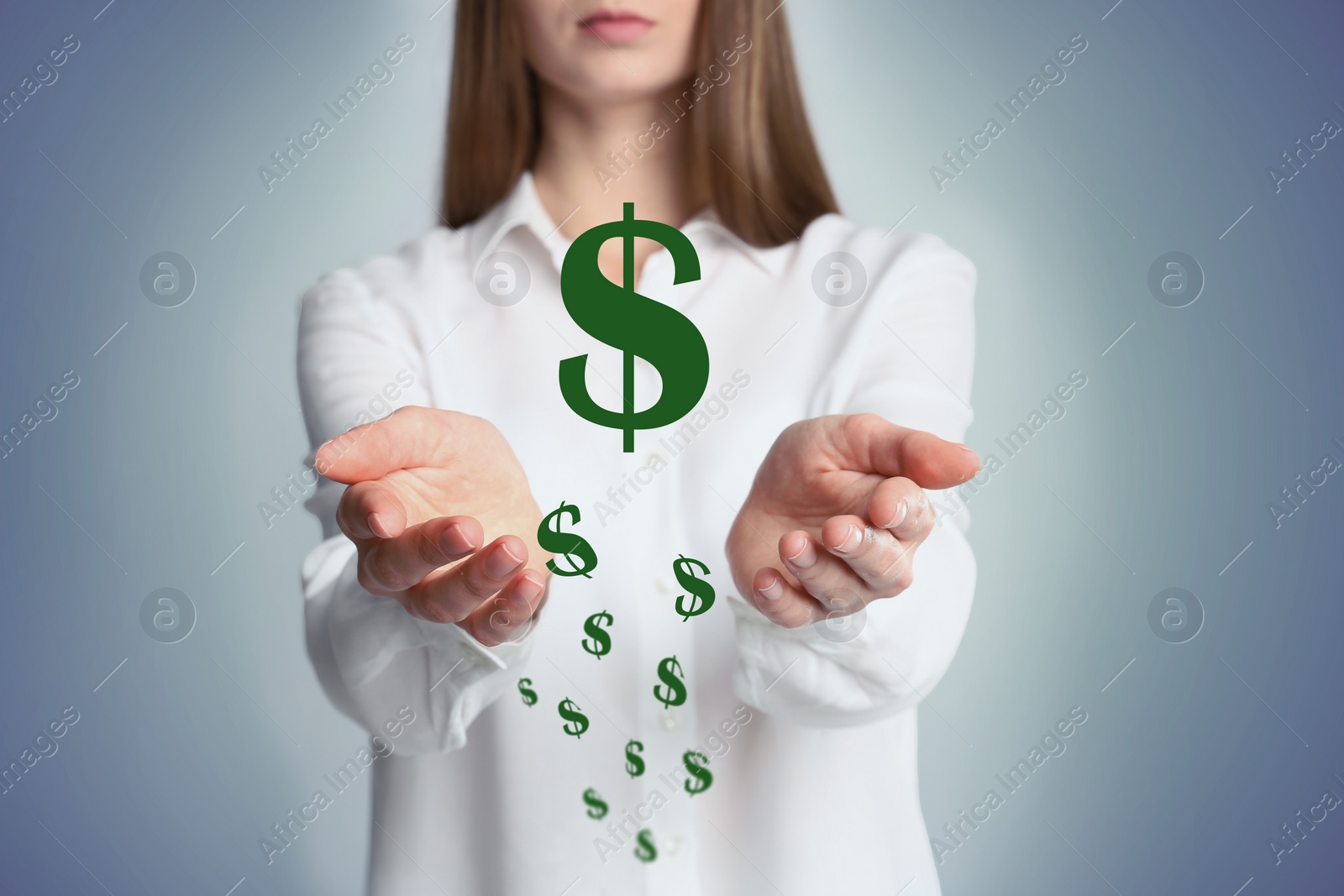 Image of Woman demonstrating virtual dollar signs on light background, closeup