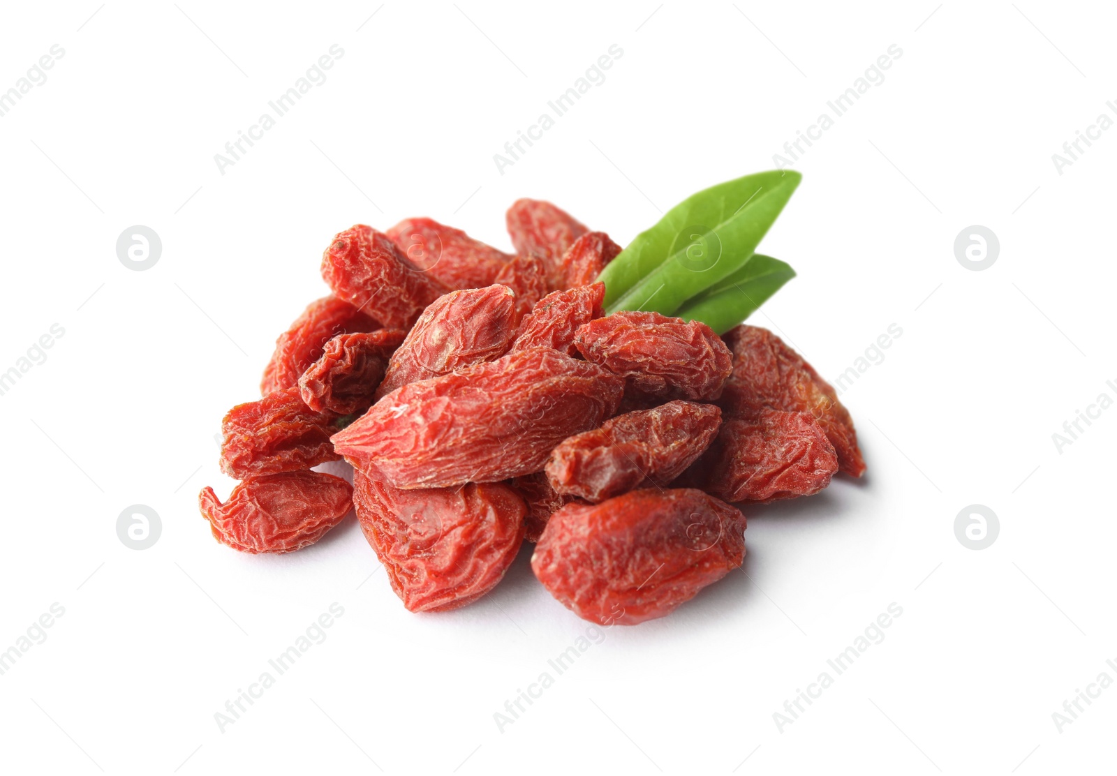 Photo of Pile of dried goji berries and leaves on white background