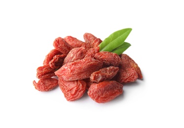 Photo of Pile of dried goji berries and leaves on white background