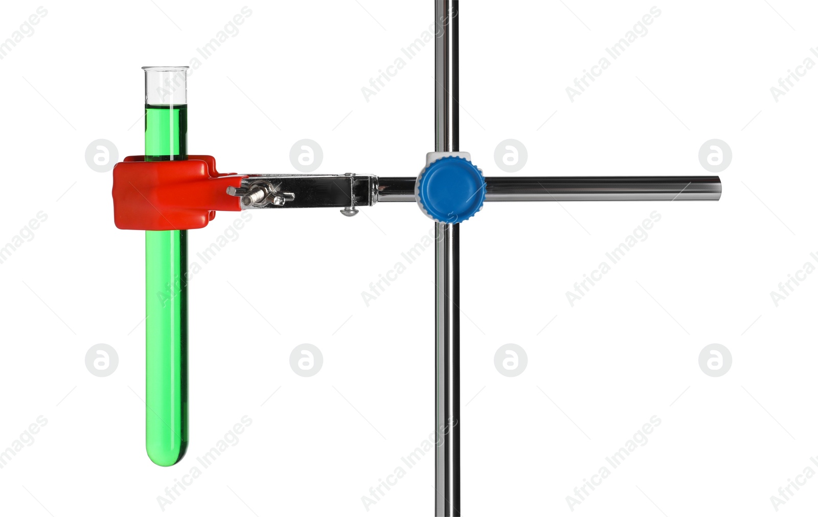 Photo of Retort stand with test tube of green liquid isolated on white