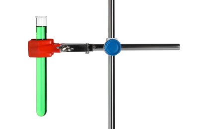 Photo of Retort stand with test tube of green liquid isolated on white