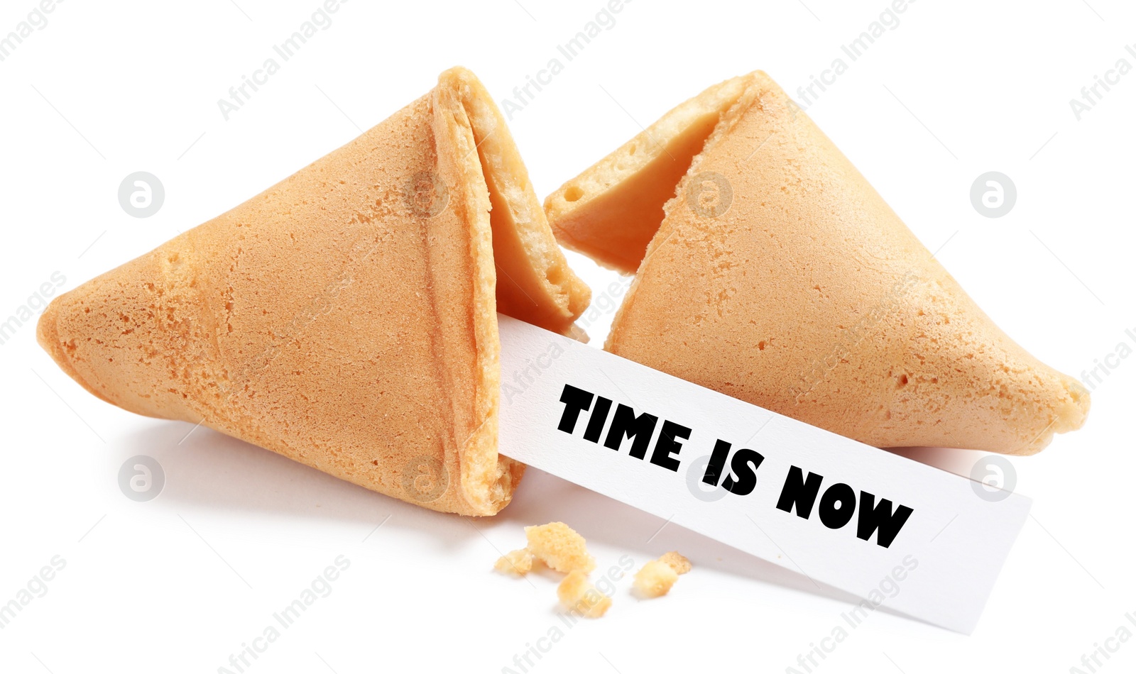Image of Tasty fortune cookie with prediction Time is now on white background