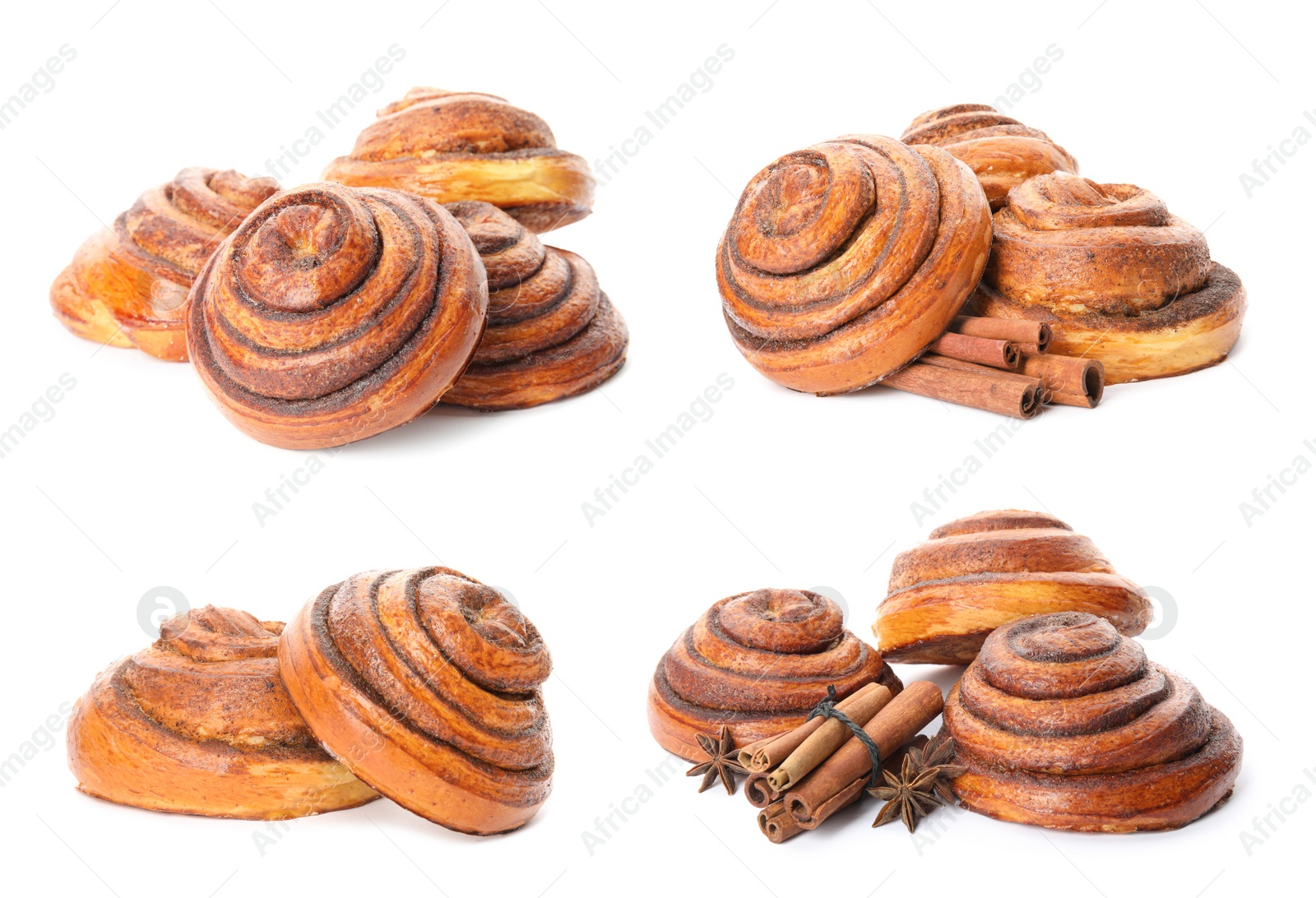 Image of Set with freshly baked cinnamon rolls on white background