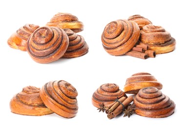 Set with freshly baked cinnamon rolls on white background