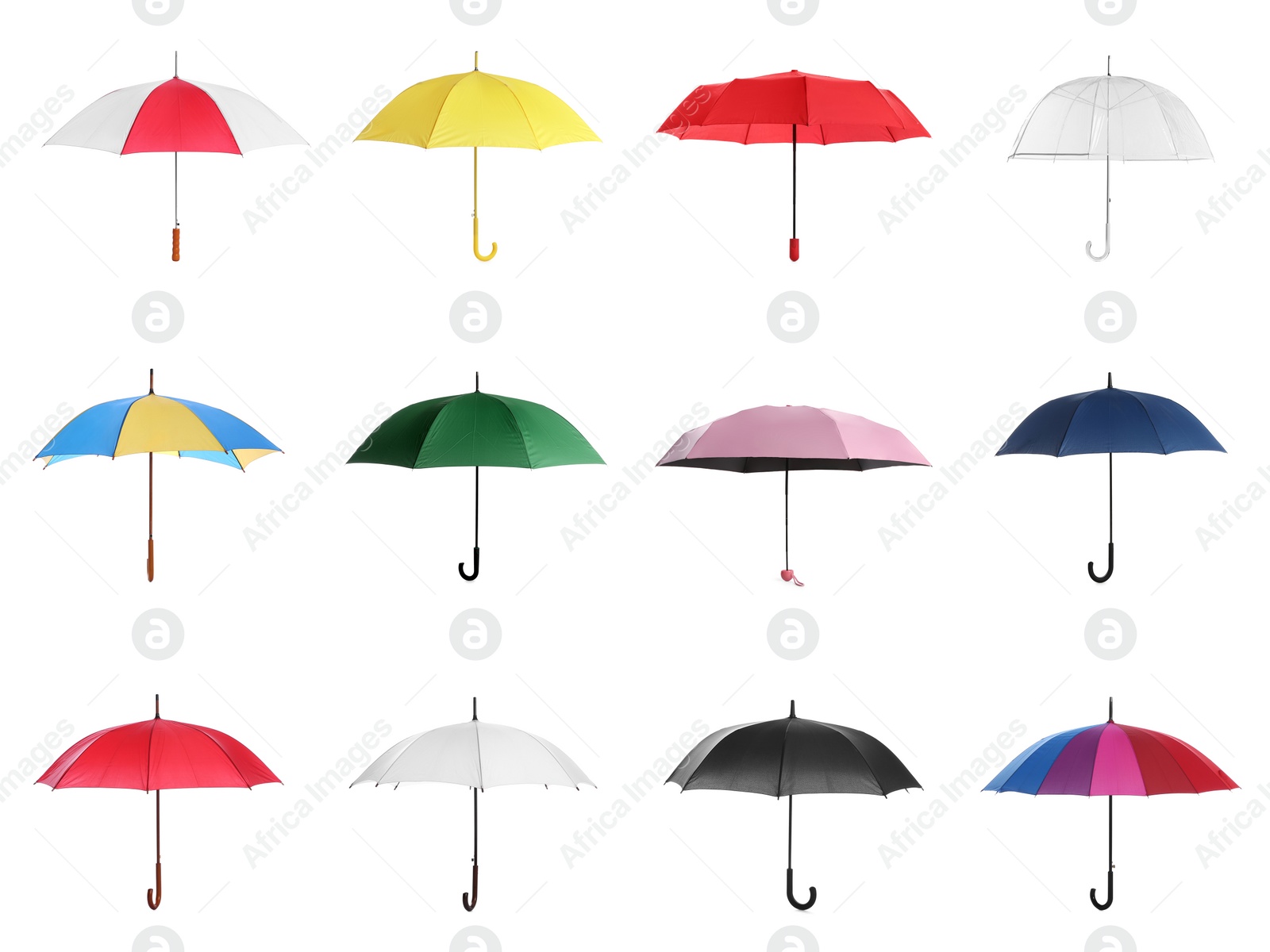 Image of Set with different stylish umbrellas on white background 