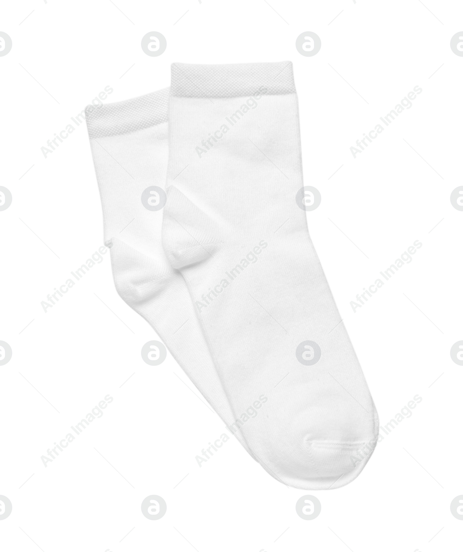 Photo of Pair of new socks isolated on white, top view