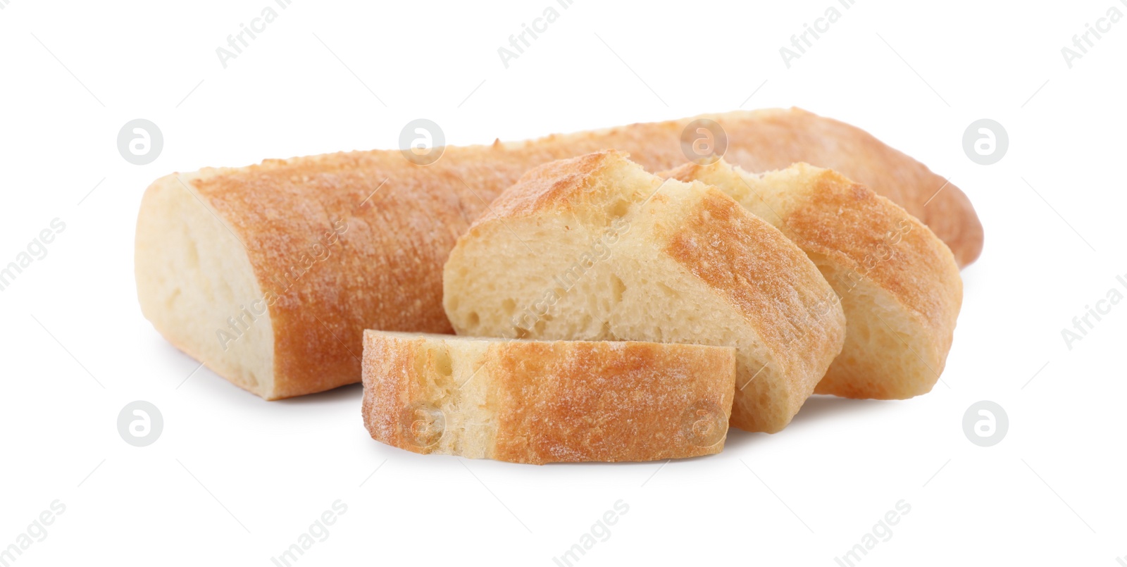 Photo of Pieces of fresh baguette on white background