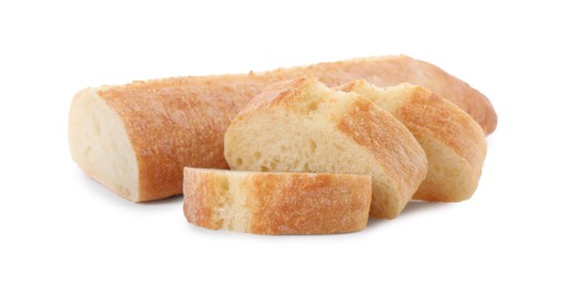 Pieces of fresh baguette on white background