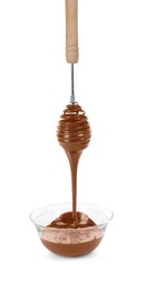 Chocolate cream flowing from whisk into bowl on white background