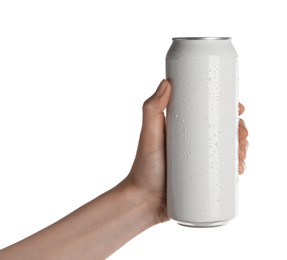 Woman holding aluminum can on white background, closeup