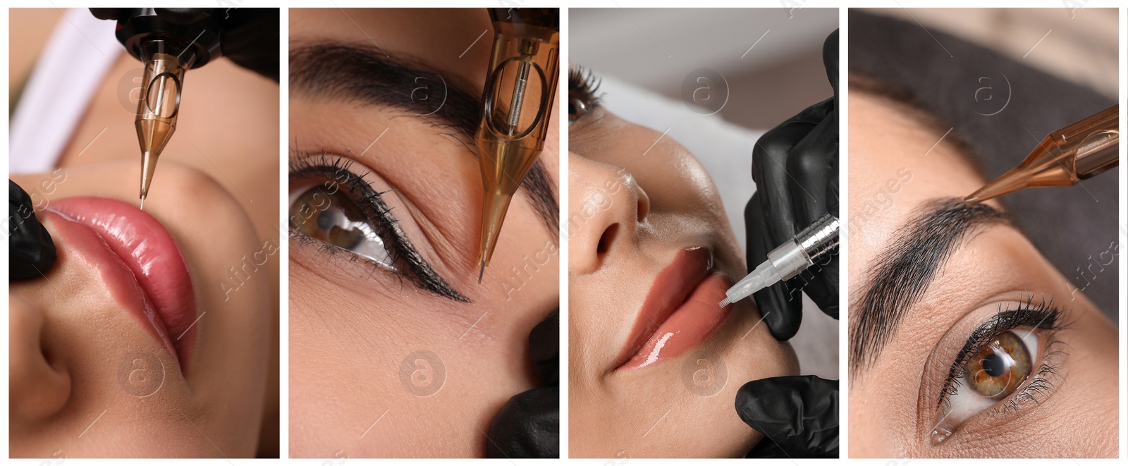 Image of Collage with different photos of women undergoing permanent makeup procedures. Banner design