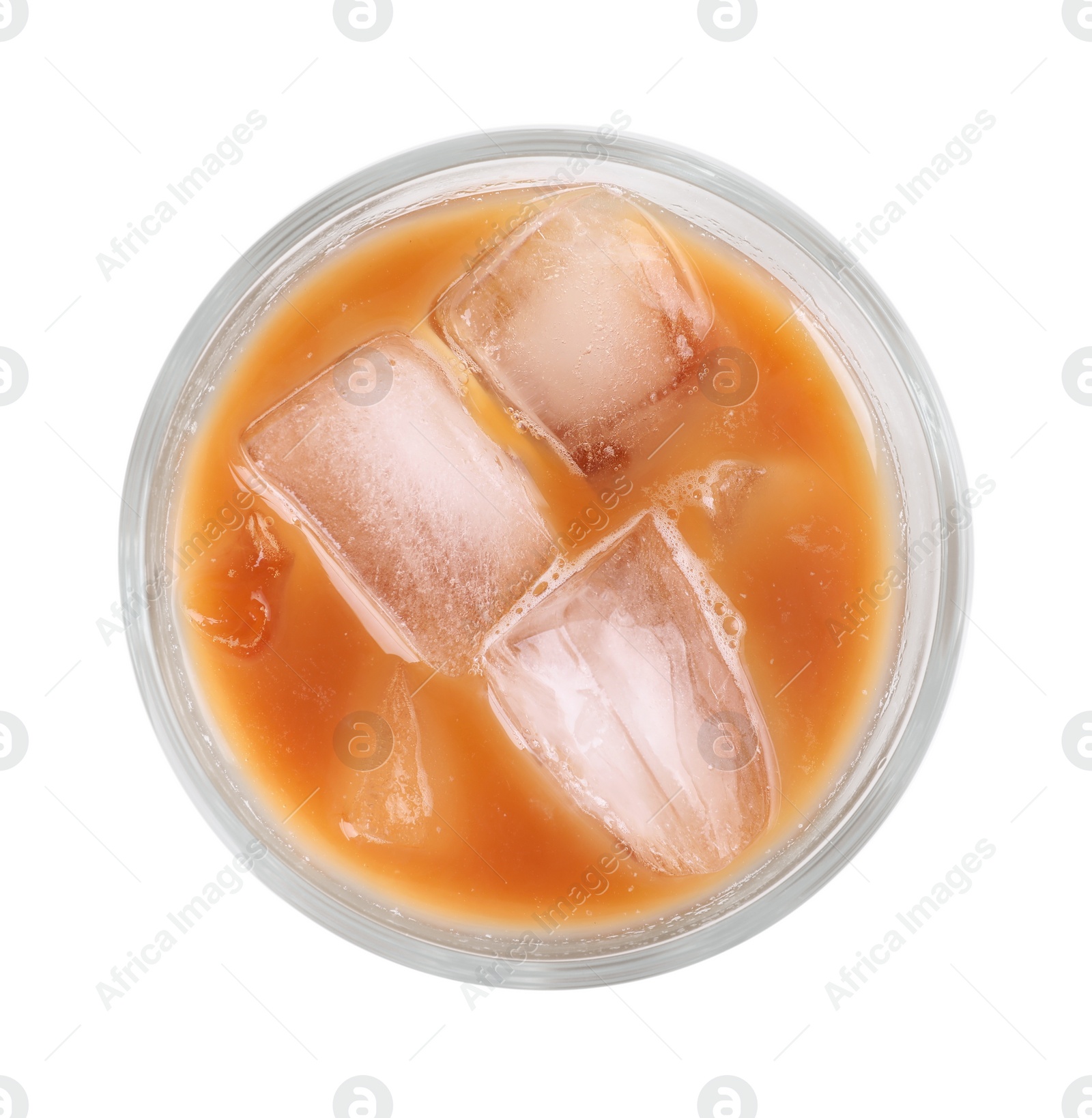 Photo of Glass of fresh iced coffee isolated on white, top view