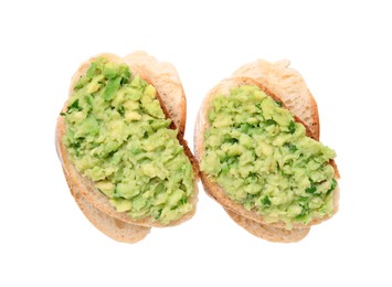 Delicious sandwiches with guacamole on white background, top view