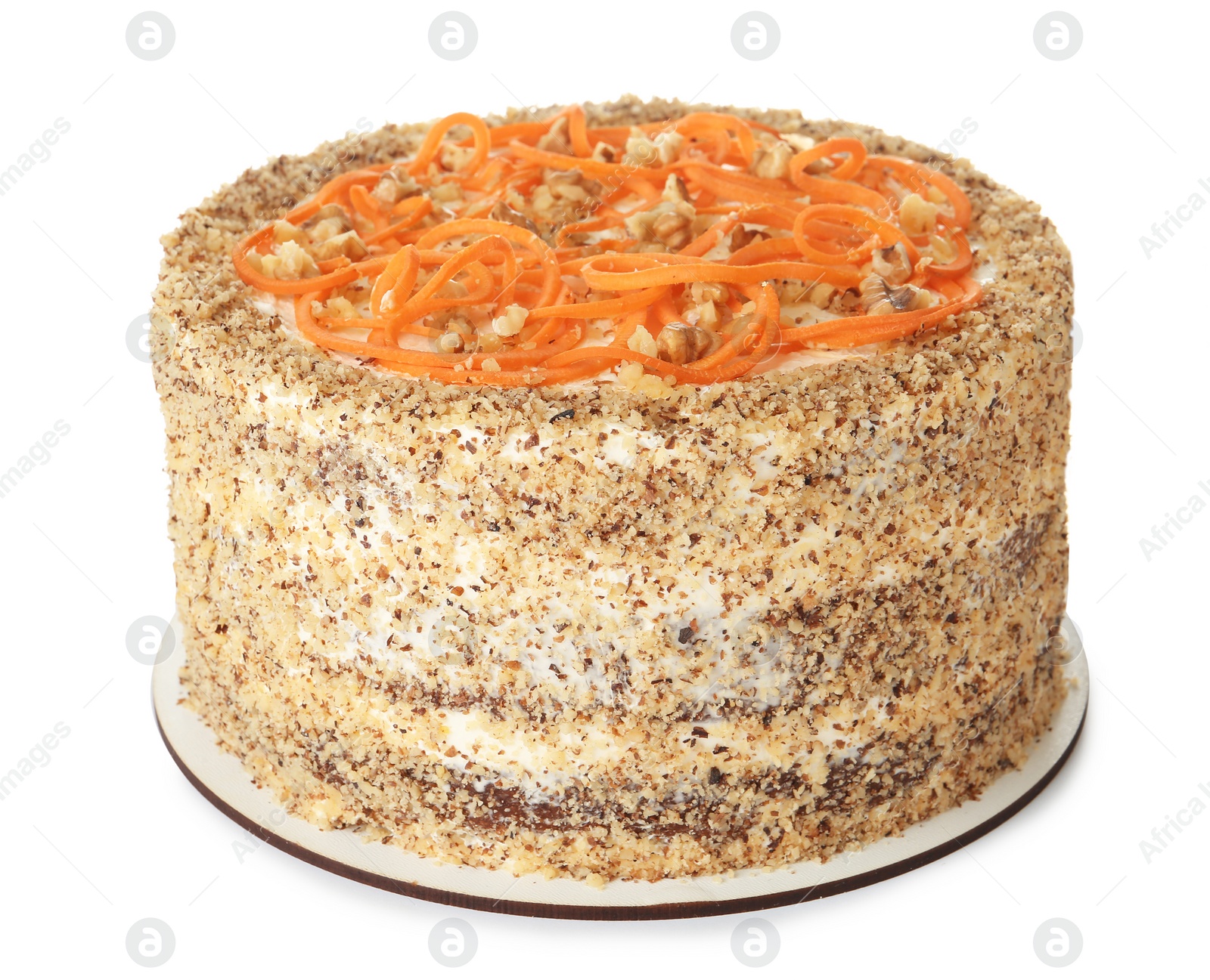 Photo of Dish with delicious carrot cake on white background