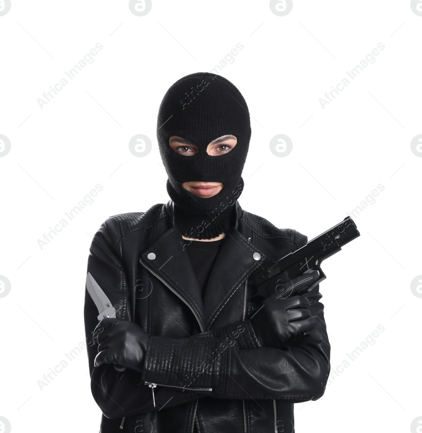 Photo of Woman wearing knitted balaclava with gun on white background