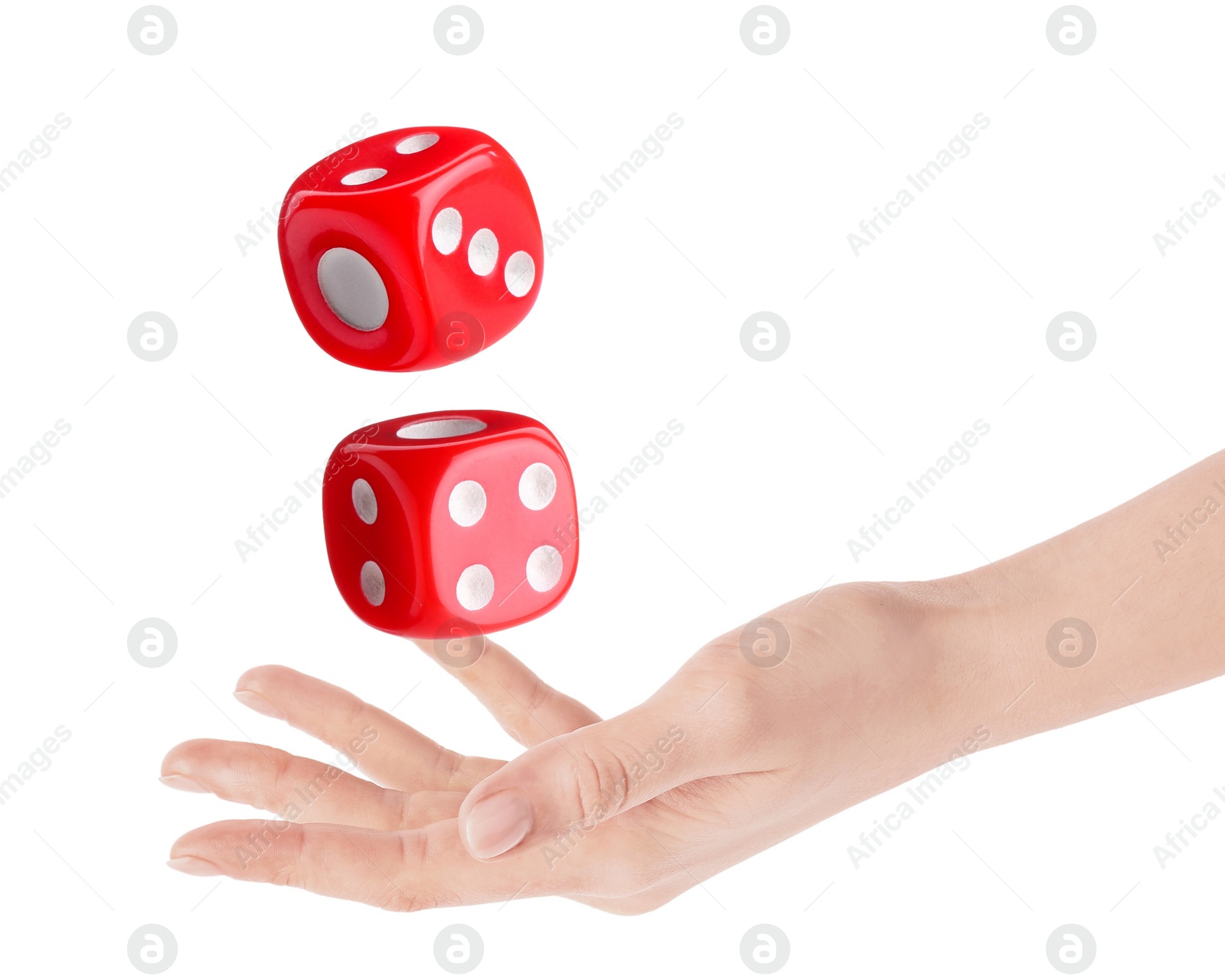 Image of Woman throwing red dice on white background, closeup