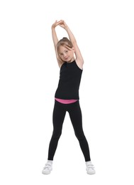 Little girl doing morning exercise on white background