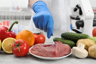 Scientist checking meat at table in laboratory, closeup. Quality control