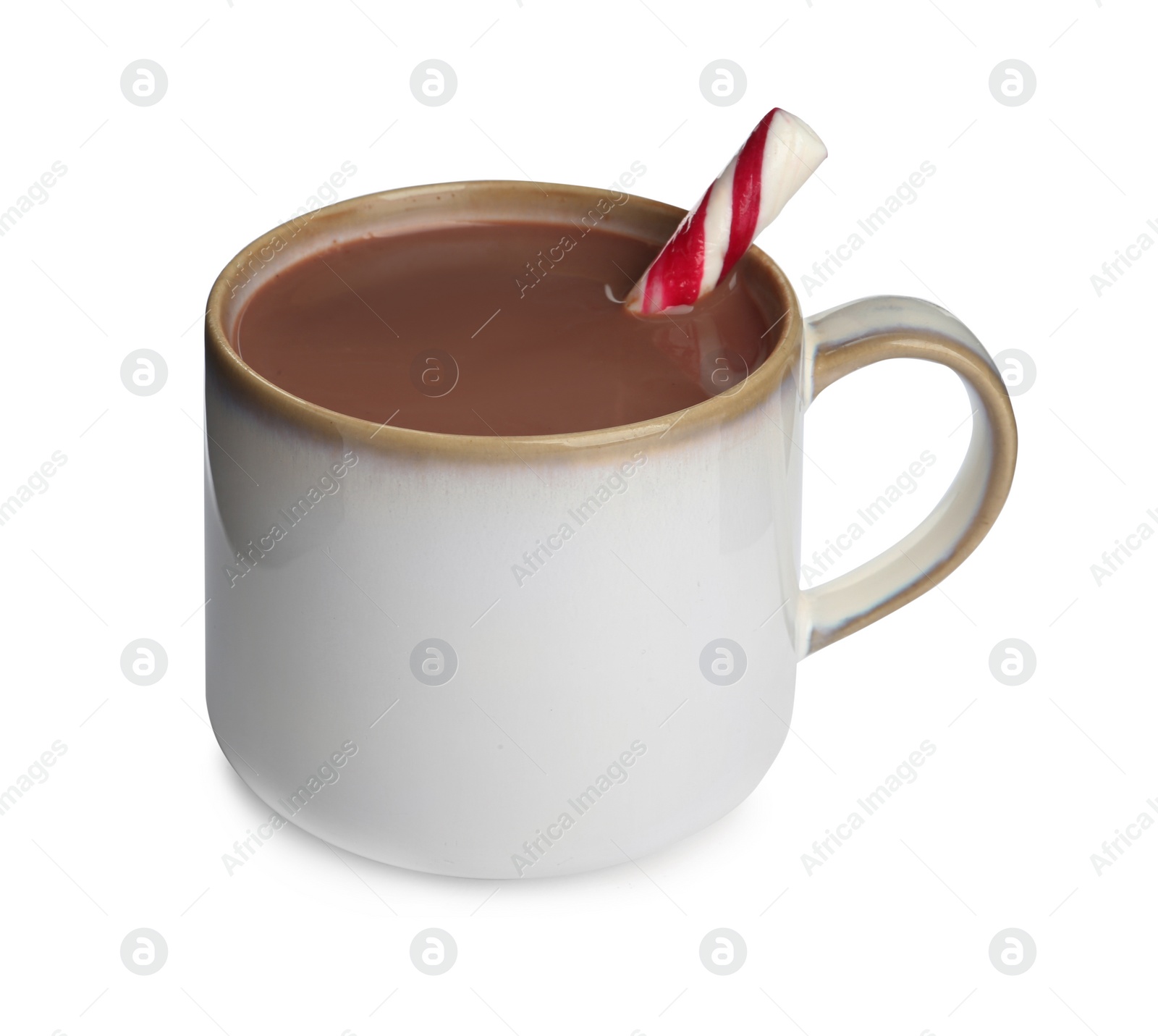 Photo of Cup of delicious hot chocolate with candy cane isolated on white