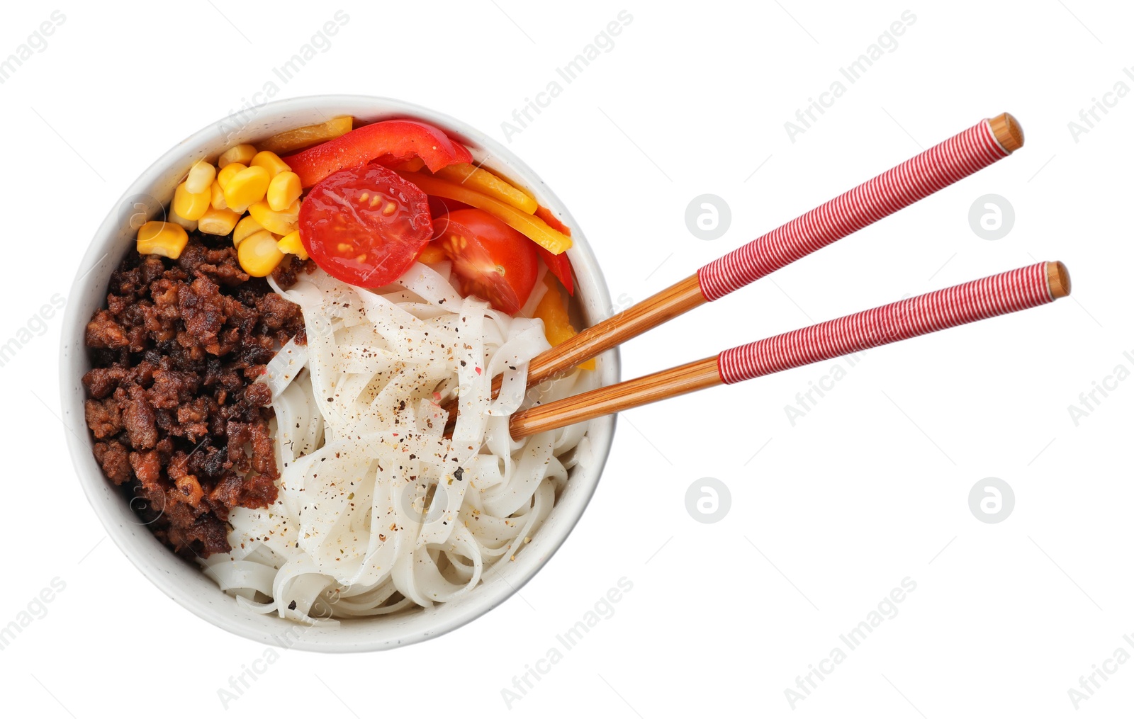 Photo of Bowl with rice noodles, meat and vegetables on white background, top view