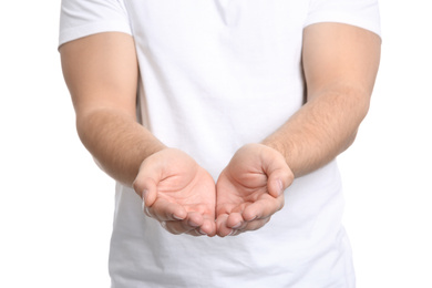 Photo of Man with open hands on white background, closeup