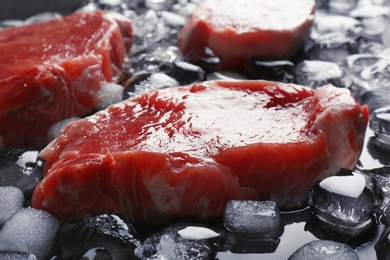 Raw meat and ice cubes on table