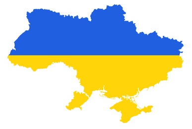 Illustration of Ukraine outline with color of national flag on white background, illustration