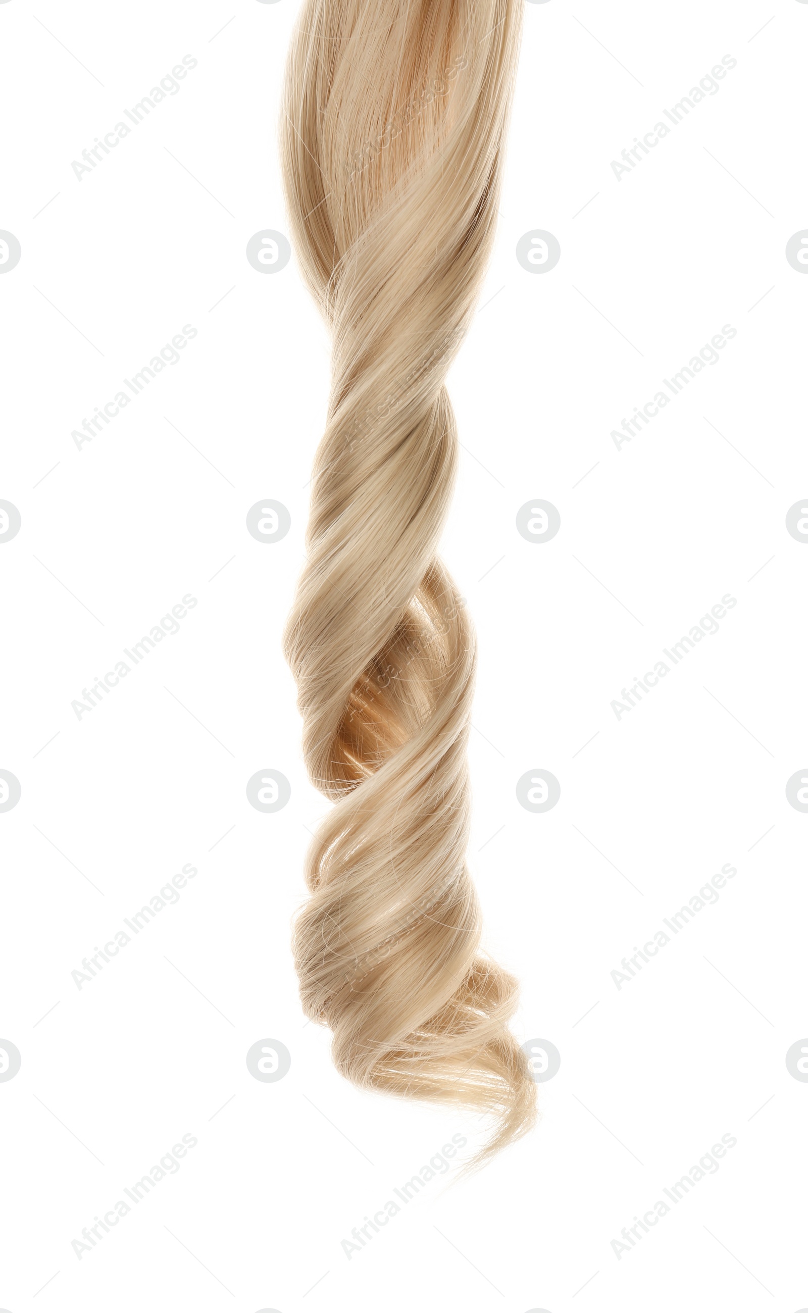 Photo of Lock of healthy hair on white background