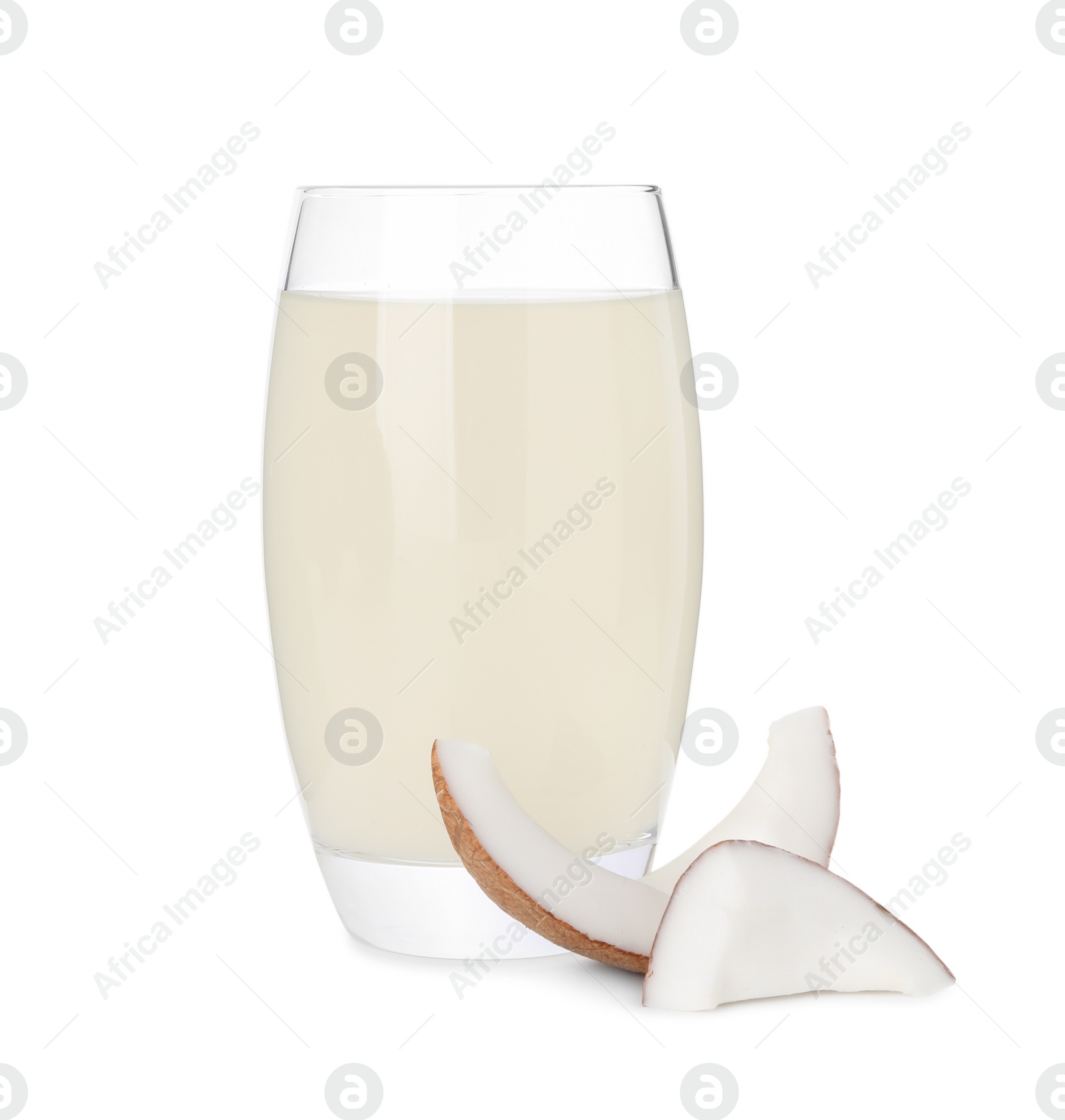 Photo of Glass of coconut water and nut isolated on white