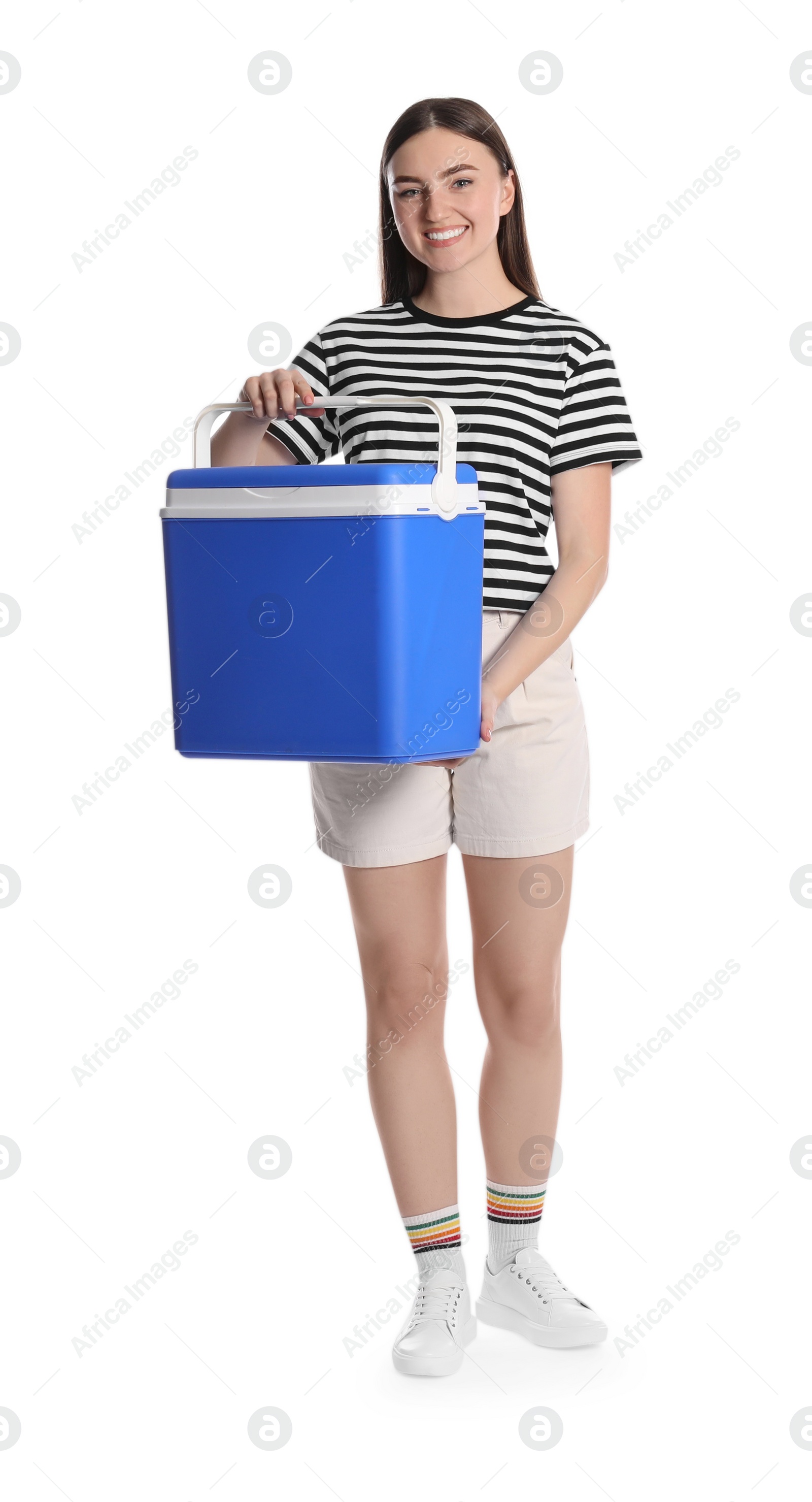 Photo of Happy young woman with plastic cool box isolated on white