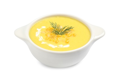 Delicious creamy corn soup isolated on white