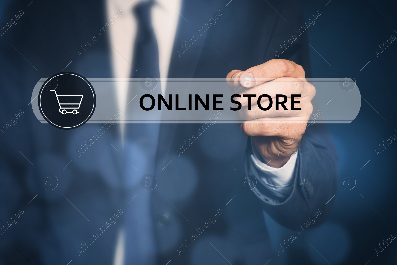 Image of Man pointing at search bar with phrase Online Store on virtual screen, closeup