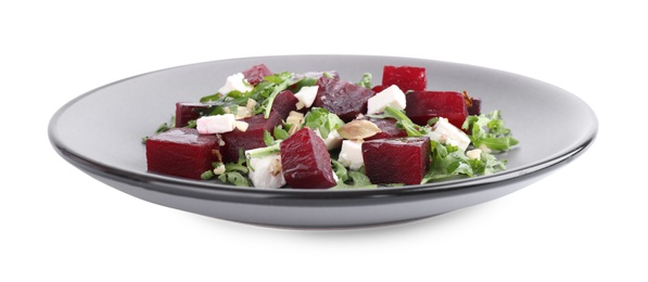 Photo of Delicious beet salad with arugula and feta cheese isolated on white