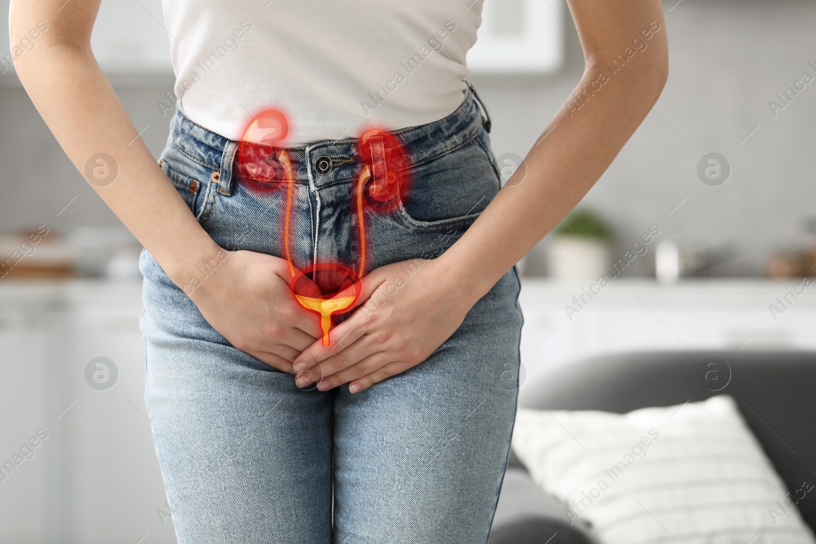 Image of Woman suffering from cystitis at home, closeup. Illustration of urinary system