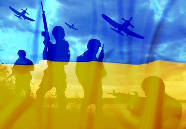 Image of Silhouettes of soldiers with assault rifles and Ukrainian national flag, double exposure